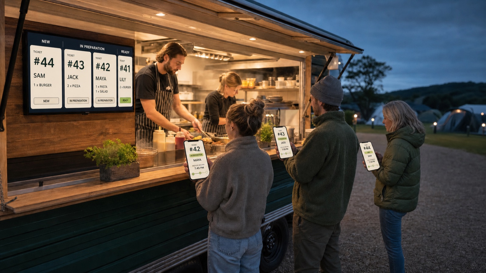 Campsite food team preparing orders while campers follow their collection tickets on their phones